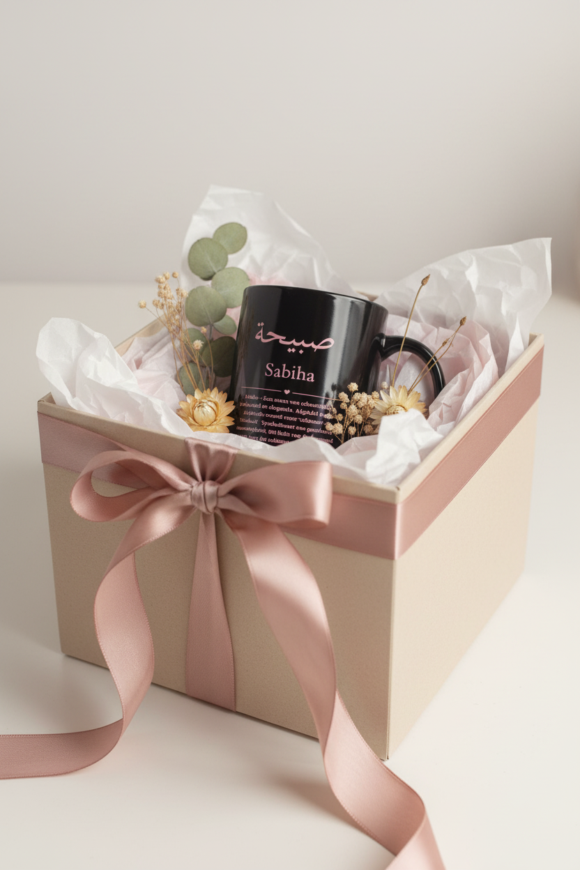 Personalized Arabic mug gift presentation - custom ceramic coffee cup 11oz with meaning styled as luxury gift