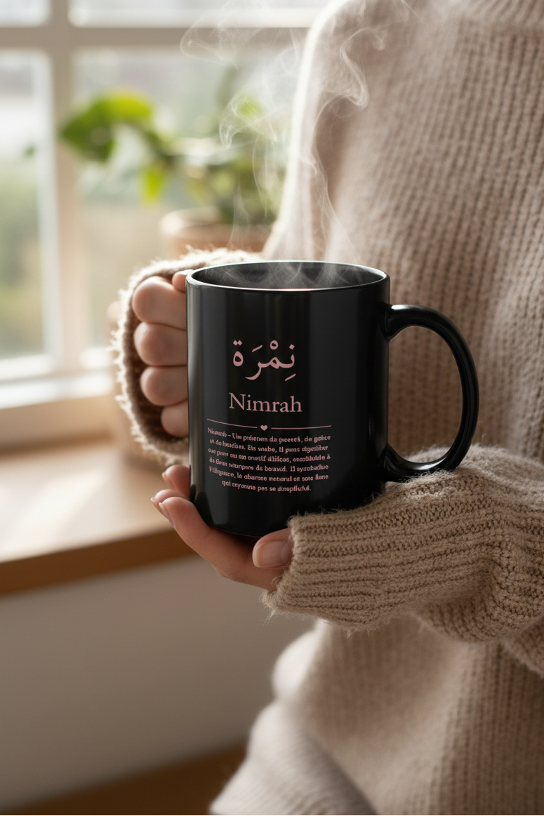 Custom Arabic calligraphy mug held in hands - personalized ceramic cup with name meaning dishwasher safe