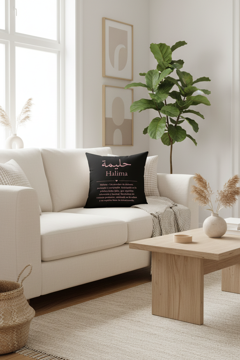 Arabic calligraphy throw pillow on sofa - personalized home decor in 5 languages