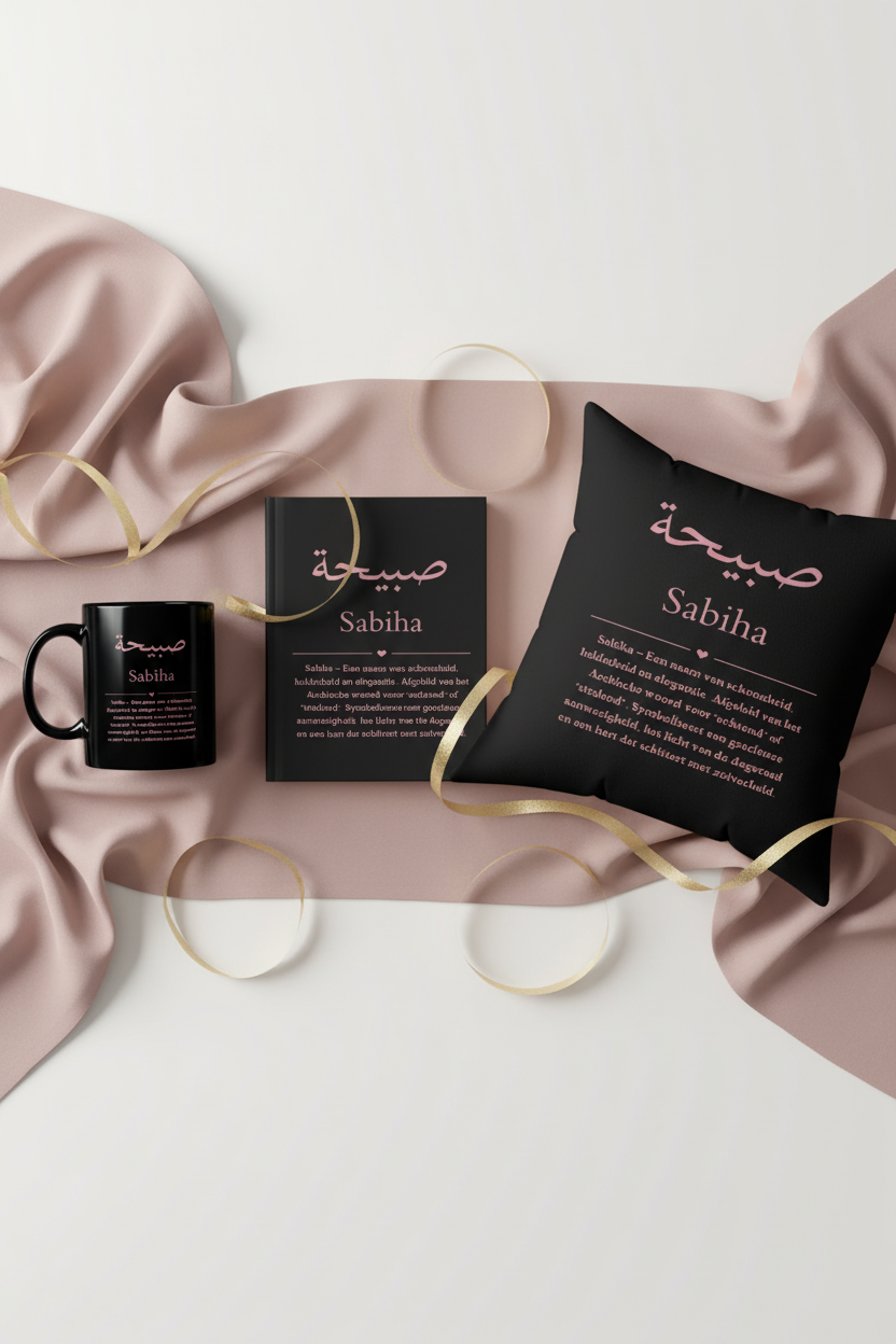 Arabic name bundle gift presentation - personalized mug journal pillow set styled as luxury gift with ribbon