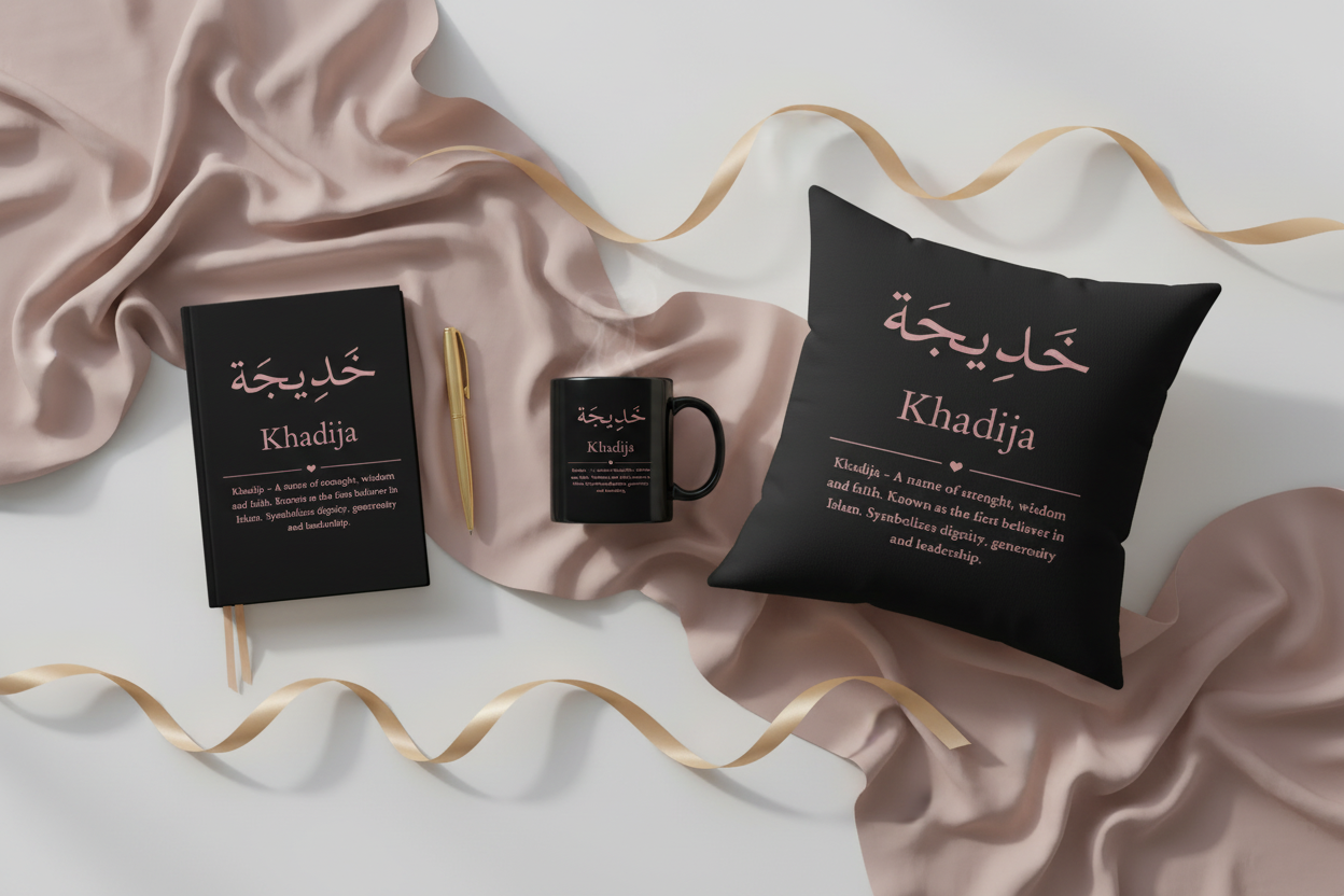 Arabic name gift bundle complete set - personalized ceramic mug hardcover journal and cushion pillow with meaning