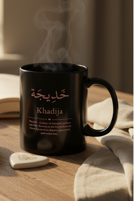 Personalized Arabic name mug on breakfast table - black ceramic coffee cup with rose taupe calligraphy 11oz