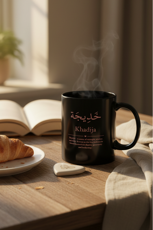 Personalized Arabic name mug on breakfast table - black ceramic coffee cup with rose taupe calligraphy 11oz