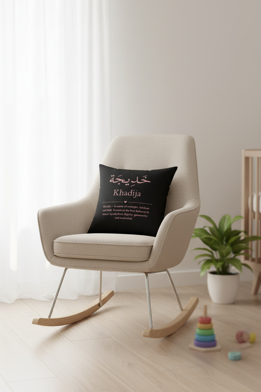 Custom Arabic name cushion in modern nursery - personalized Islamic home decor gift