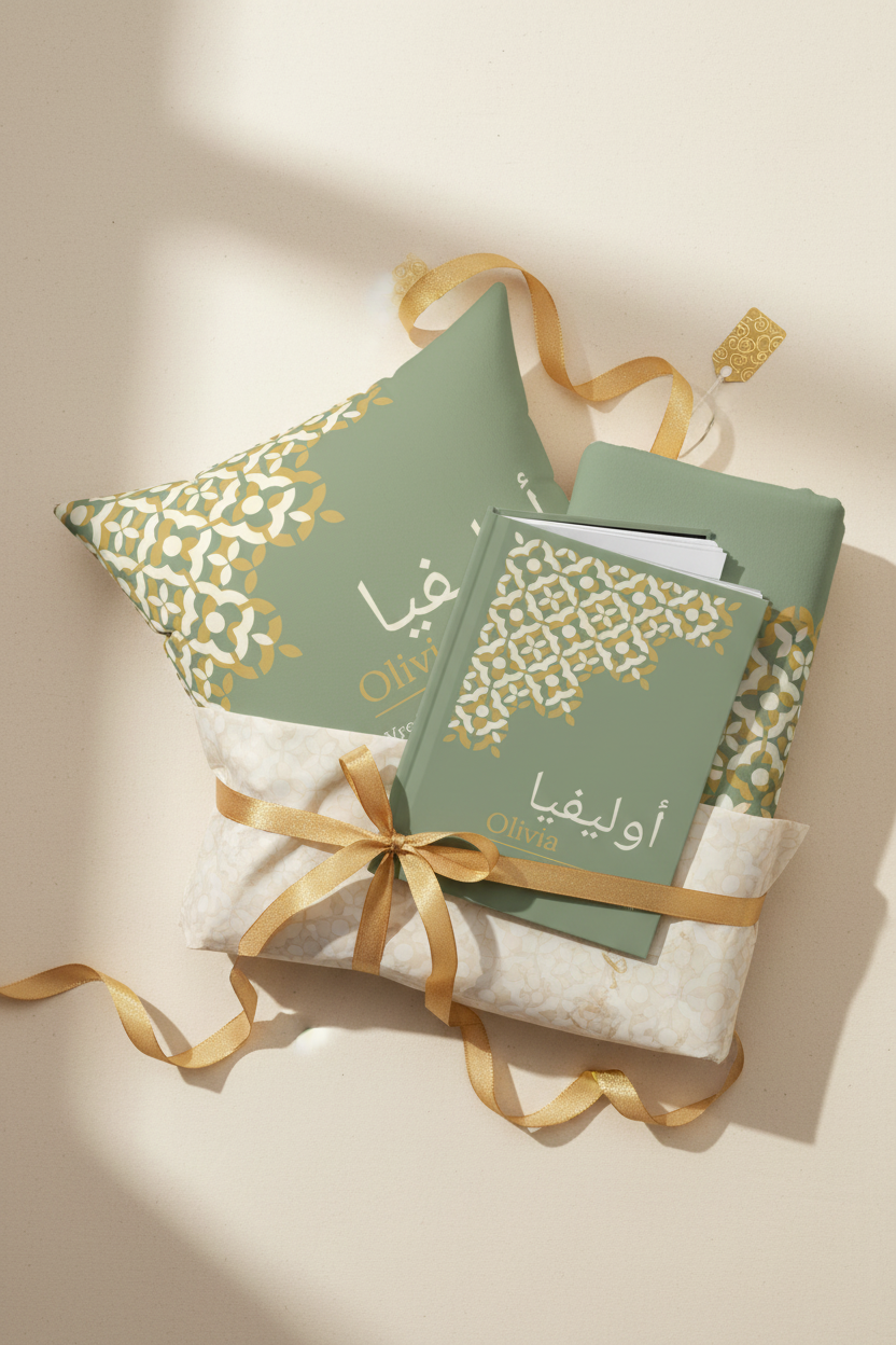 Luxury Arabic name gift set with personalized cushion notebook and fleece throw in sage green and gold