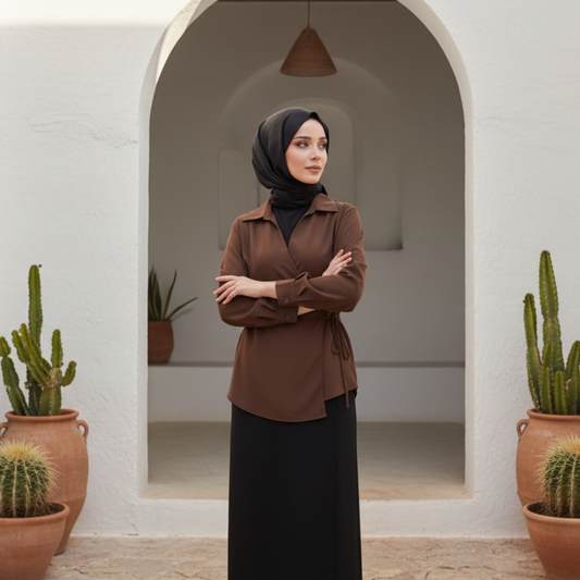 Chocolate brown wrap detail blouse with adjustable ties - cotton blend shirt S/M M/L