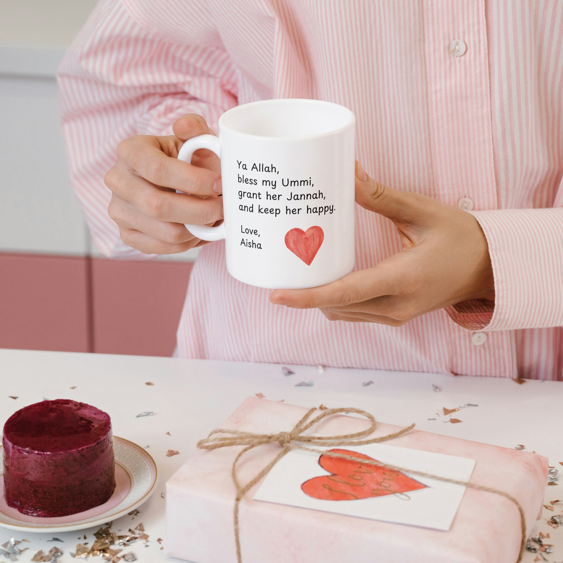 White mug with Islamic dua for mother, heart illustration, and personalized signature “Love, [Name]”.